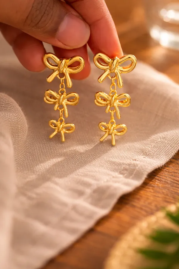 Golden_Triple_Bow_Drop_Earrings_For_Women