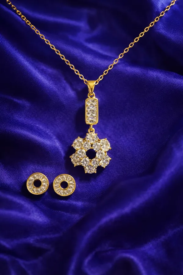 White_Crystal_Flower_Pendant_Necklace_With_Matching_Earrings_Set_For_Women