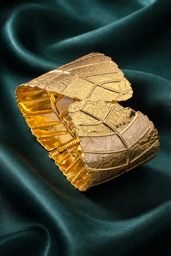 Golden_Textured_Gold_Leaf_Design_Wide_Cuff_Bracelet_For_Women