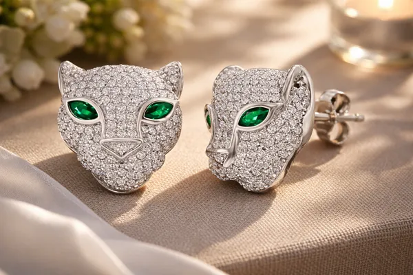 Silver_Sparkling_Leopard_Head_Stud_Earrings_With_Green_Crystal_Eyes_For_Women