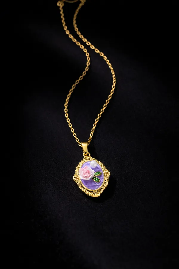 White_Elegant_Gold_Plated_Rose_Pendant_Necklace_With_Purple_Enamel_Delicate_Floral_Design_For_Women