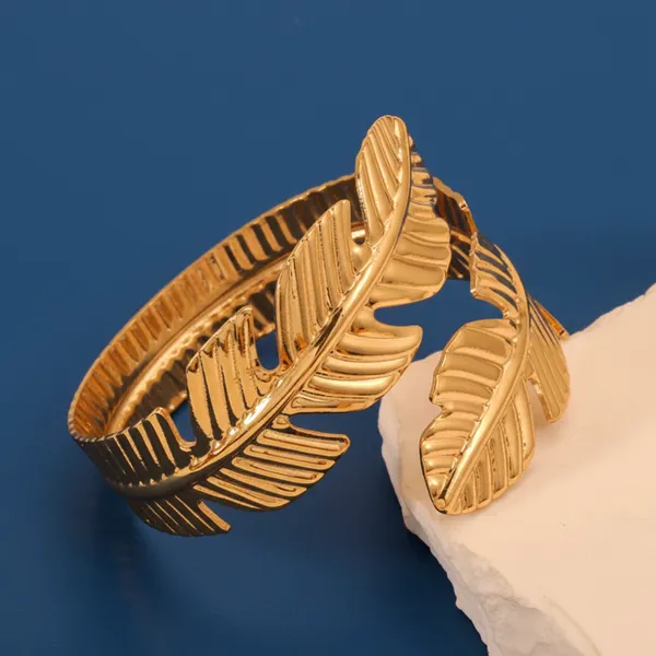 Gold_Plated_Feather_Design_Adjustable_Cuff_Bracelet_For_Women