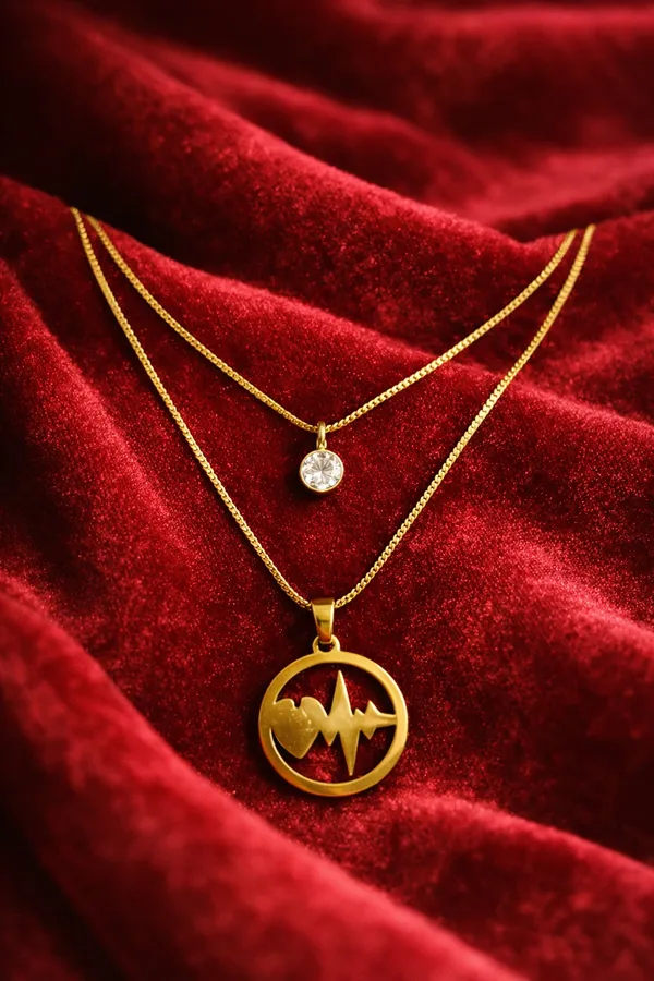 Golden_Dual_Layer_Heartbeat_And_Crystal_Pendant_Gold_Chain_Necklace_Set_For_Women