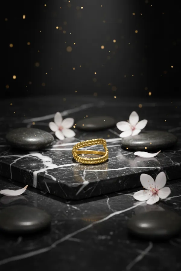 Golden_Gold_Beaded_Double_Band_Ring_Modern_Open_Design_Adjustable_Fashion_For_Women