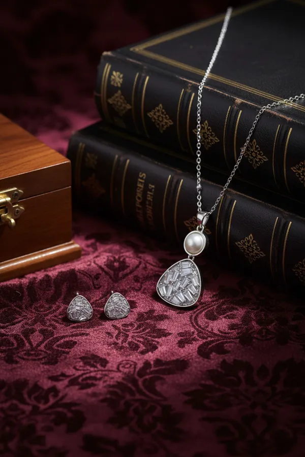 Silver_Elegant_Pearl_And_Crystal_Triangle_Pendant_Necklace_With_Matching_Earrings_Set_For_Women