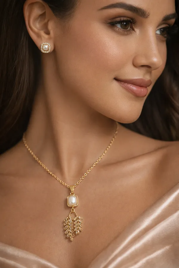 Off_White_Elegant_Pearl_And_Leaf_Pendant_Necklace_With_Matching_Stud_Earrings_Set_For_Women
