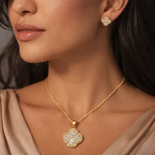 Golden_Elegant_Gold_Plated_Floral_Quatrefoil_Pendant_Necklace_And_Earrings_Set_With_Cubic_Zirconia_Stones_For_Women