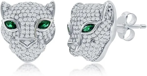 Silver_Sparkling_Leopard_Head_Stud_Earrings_With_Green_Crystal_Eyes_For_Women