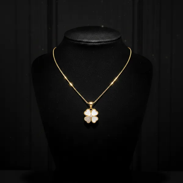 White_Gold_Plated_Four_Leaf_Clover_Pendant_Necklace_With_Cat_Eye_Stones_For_Women