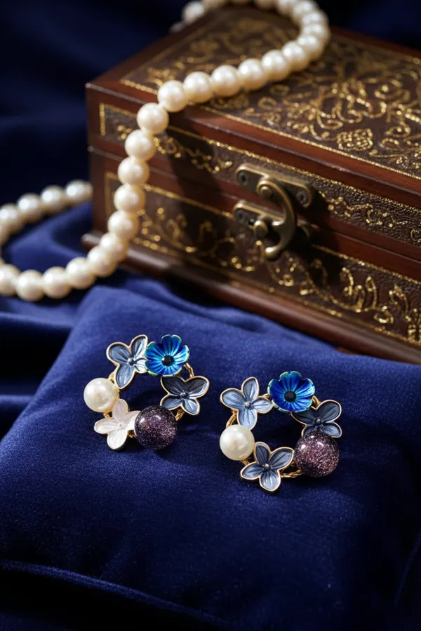 Blue_Floral_Wreath_Earrings_With_Pearl_And_Sparkle_Accents_For_Women