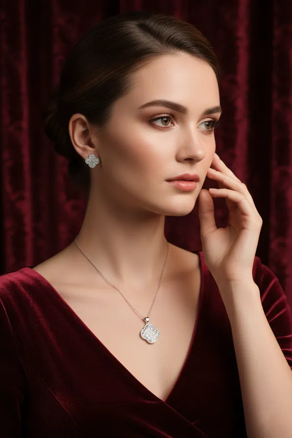 White_Elegant_Clover_Shaped_Crystal_Pendant_Necklace_With_Matching_Earrings_Set_For_Women
