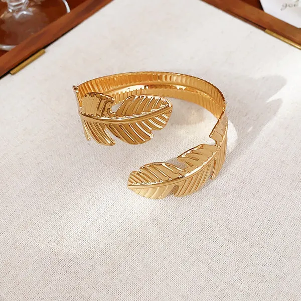Gold_Plated_Feather_Design_Adjustable_Cuff_Bracelet_For_Women