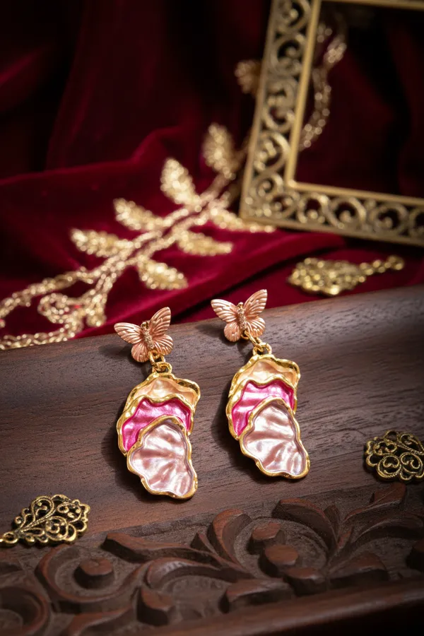 Pink_Butterfly_Shell_Drop_Earrings_With_Gold_Trim_For_Women