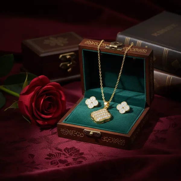 Golden_Elegant_Gold_Plated_Floral_Quatrefoil_Pendant_Necklace_And_Earrings_Set_With_Cubic_Zirconia_Stones_For_Women