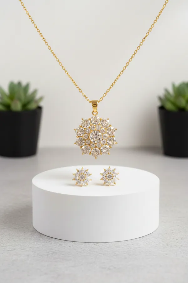 White_Elegant_Gold_Plated_Floral_Crystal_Pendant_Necklace_And_Earrings_Set_For_Women
