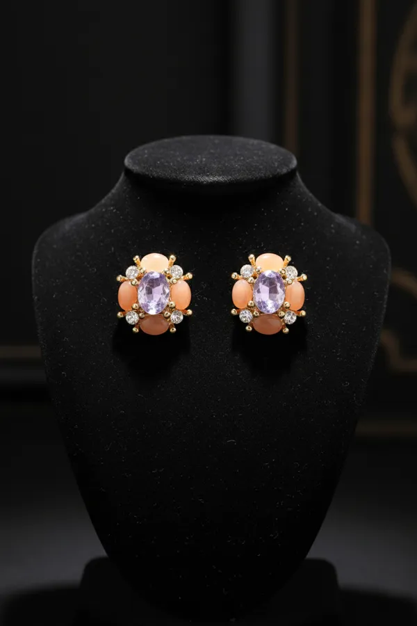 White_And_Orange_Elegant_Purple_Gemstone_Cluster_Stud_Earrings_With_Peach_Accents_For_Women