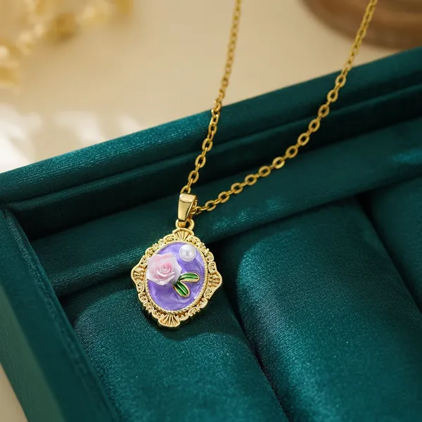 White_Elegant_Gold_Plated_Rose_Pendant_Necklace_With_Purple_Enamel_Delicate_Floral_Design_For_Women