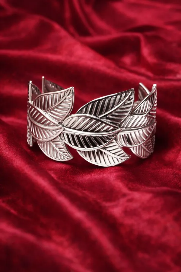 Silver_Elegant_Toned_Leaf_Design_Adjustable_Cuff_Bracelet_For_Women