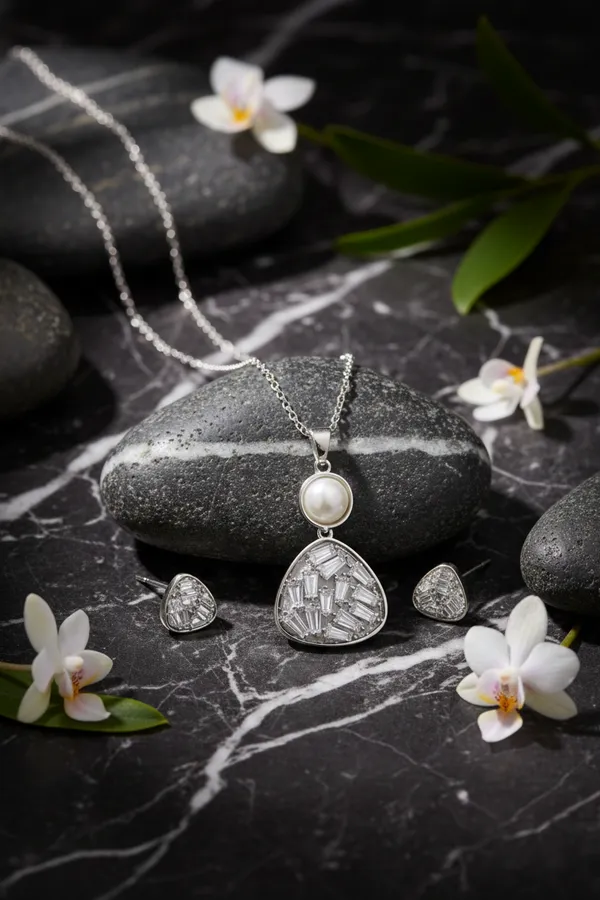 Silver_Elegant_Pearl_And_Crystal_Triangle_Pendant_Necklace_With_Matching_Earrings_Set_For_Women