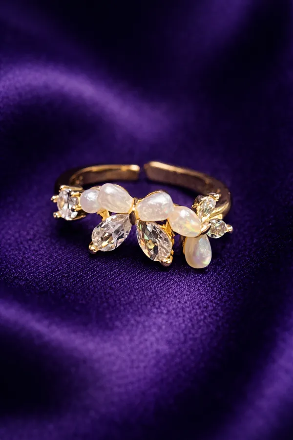 White_Elegant_Opal_And_Crystal_Flower_Ring_Gold_Plated_Adjustable_Open_Band_For_Women