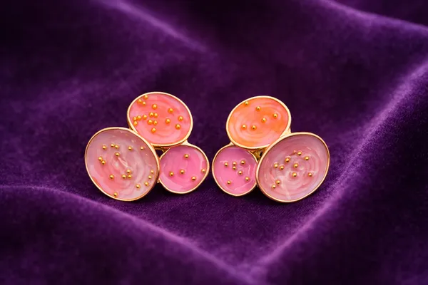 Pink_And_Orange_Enamel_Circle_Stud_Earrings_With_Gold_Dots_For_Women
