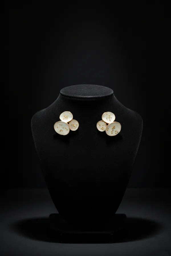 White_Elegant_Button_Design_Stud_Earrings_With_Gold_Accents_For_Women