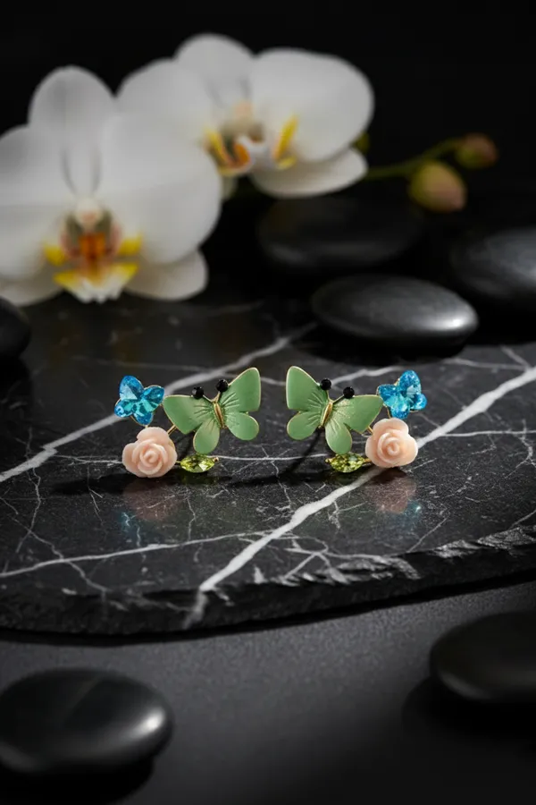 Multicolour_Butterfly_And_Floral_Stud_Earrings_Green,_Pink_Blue_For_Women