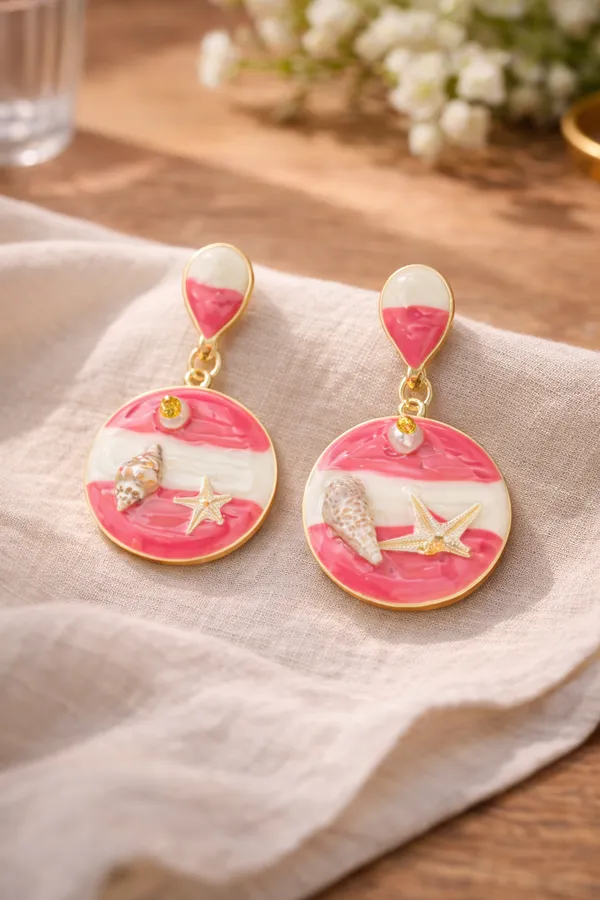 Red_And_White_Pink_Seashell_Starfish_Resin_Dangle_Earrings_For_Women