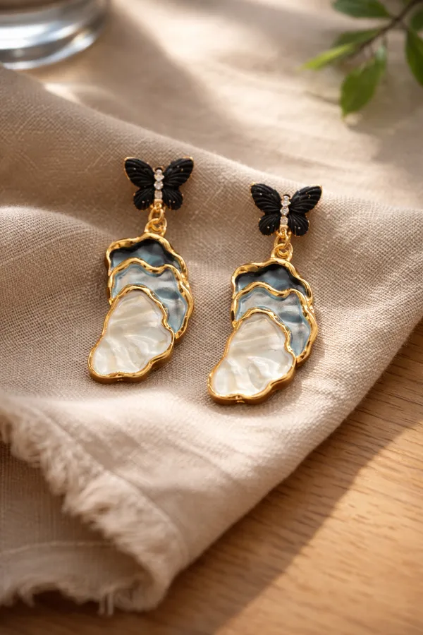 Black_And_White_Butterfly_Pearl_Shell_Drop_Earrings_With_Gold_Trim_For_Women