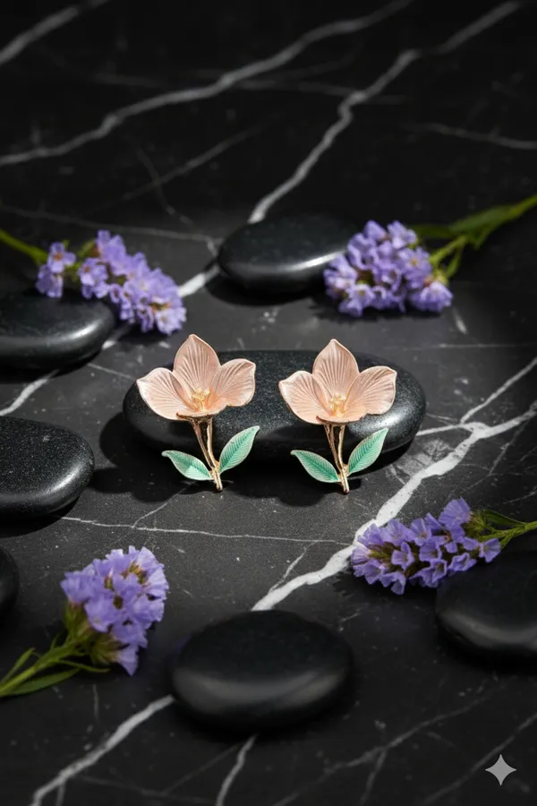 Pink_Flower_Stud_Earrings_With_Green_Leaves_And_Gold_Finish_For_Women