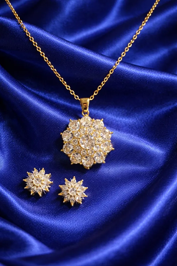 White_Elegant_Gold_Plated_Floral_Crystal_Pendant_Necklace_And_Earrings_Set_For_Women