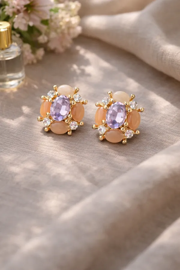 White_And_Orange_Elegant_Purple_Gemstone_Cluster_Stud_Earrings_With_Peach_Accents_For_Women
