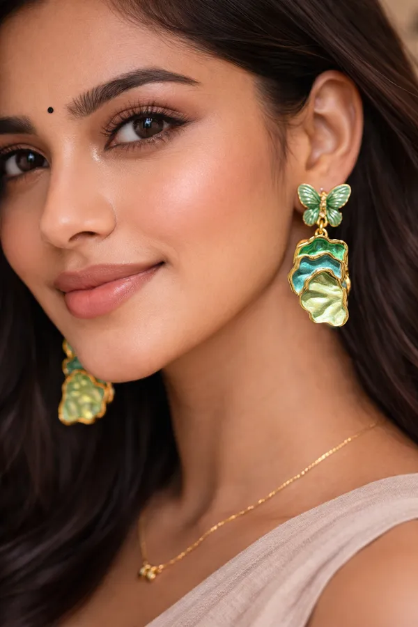 Green_Butterfly_Layered_Drop_Earrings_With_Gold_Trim_For_Women