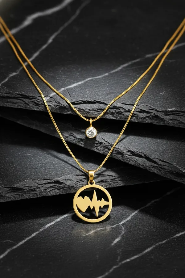 Golden_Dual_Layer_Heartbeat_And_Crystal_Pendant_Gold_Chain_Necklace_Set_For_Women