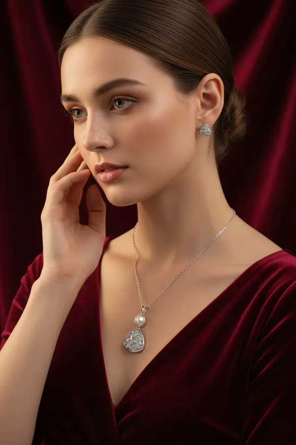 Silver_Elegant_Pearl_And_Crystal_Triangle_Pendant_Necklace_With_Matching_Earrings_Set_For_Women