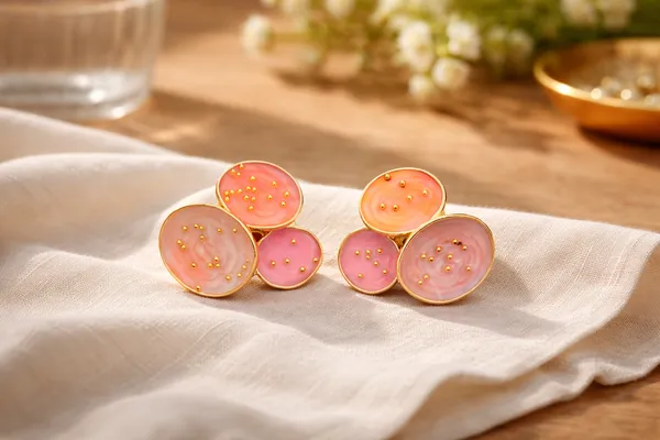 Pink_And_Orange_Enamel_Circle_Stud_Earrings_With_Gold_Dots_For_Women