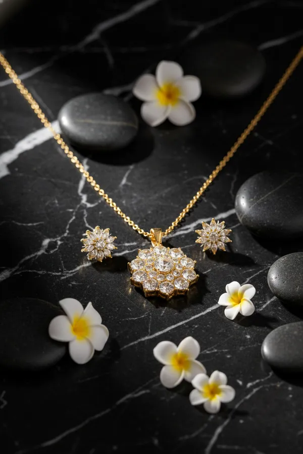 White_Elegant_Gold_Plated_Floral_Crystal_Pendant_Necklace_And_Earrings_Set_For_Women