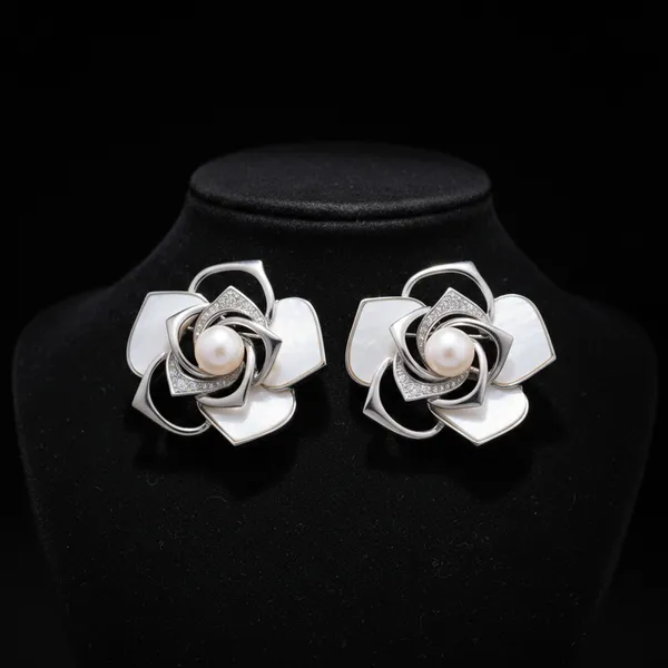 Silver_Elegant_Mother_Of_Pearl_Flower_Stud_Earrings_With_Center_For_Women