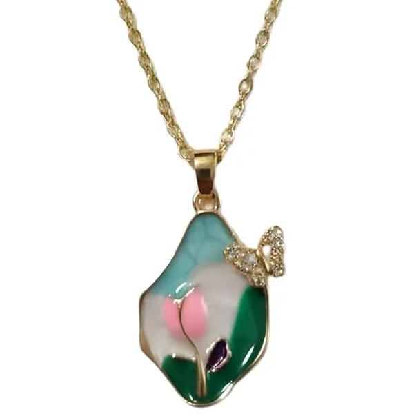 Multicolour_Elegant_Floral_Enamel_Pendant_Necklace_With_Butterfly_Accent_For_Women