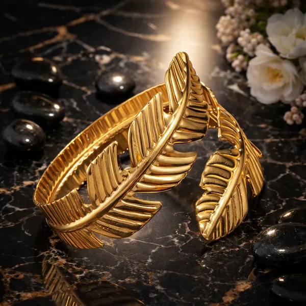 Gold_Plated_Feather_Design_Adjustable_Cuff_Bracelet_For_Women