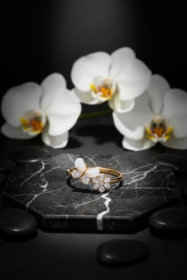 White_Elegant_Butterfly_And_Flower_Open_Ring_With_Rose_Gold_Finish_For_Women