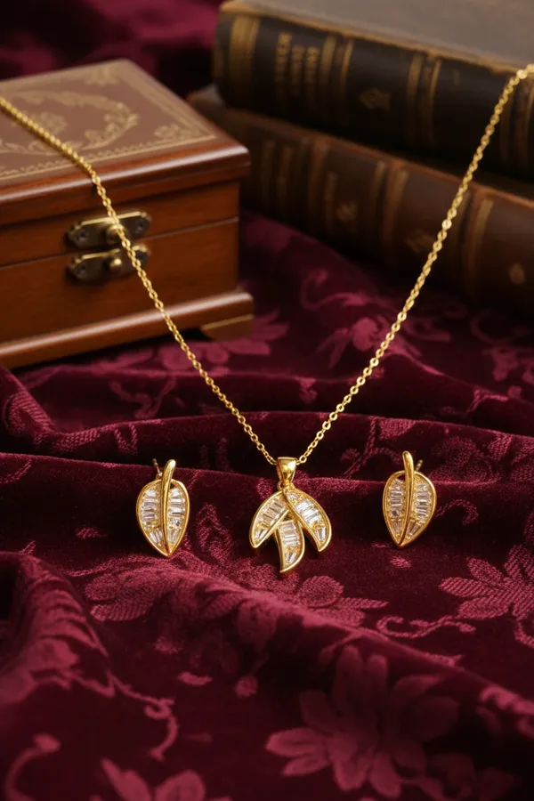 Golden_Leaf_Design_Jewelry_Set_Necklace_With_Matching_Earrings_For_Women