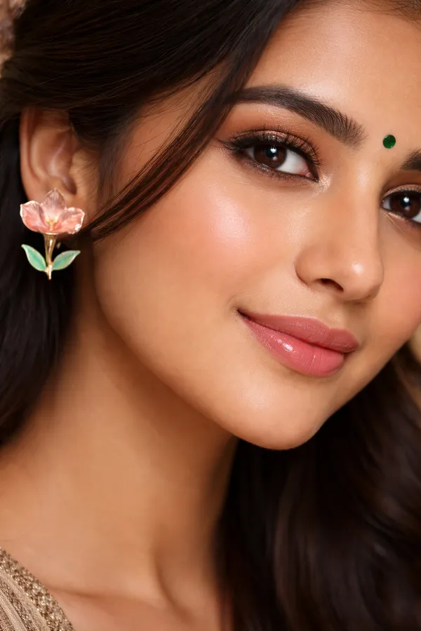Pink_Flower_Stud_Earrings_With_Green_Leaves_And_Gold_Finish_For_Women