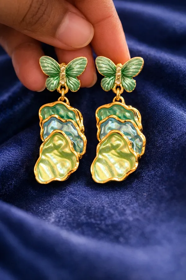 Green_Butterfly_Layered_Drop_Earrings_With_Gold_Trim_For_Women
