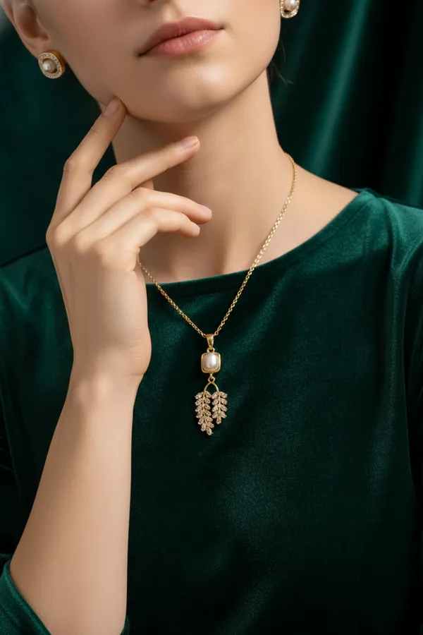 Off_White_Elegant_Pearl_And_Leaf_Pendant_Necklace_With_Matching_Stud_Earrings_Set_For_Women