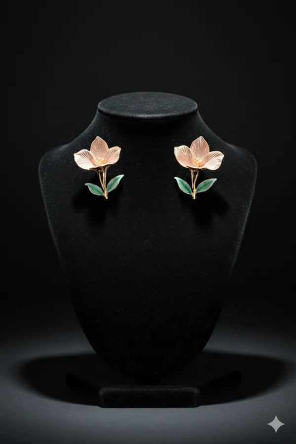 Pink_Flower_Stud_Earrings_With_Green_Leaves_And_Gold_Finish_For_Women