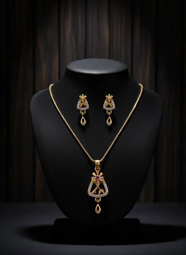 Gold_Plated_Triangle_Pendant_Necklace_Set_With_Earrings_For_Women
