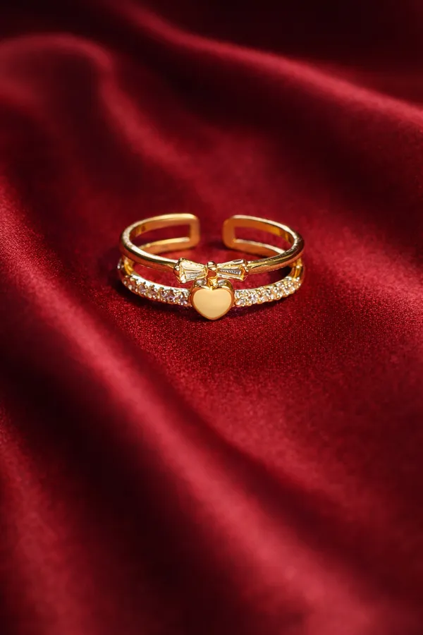 Golden_Elegant_Double_Layer_Heart_And_Bow_Crystal_Ring_Adjustable_Fashion_For_Women