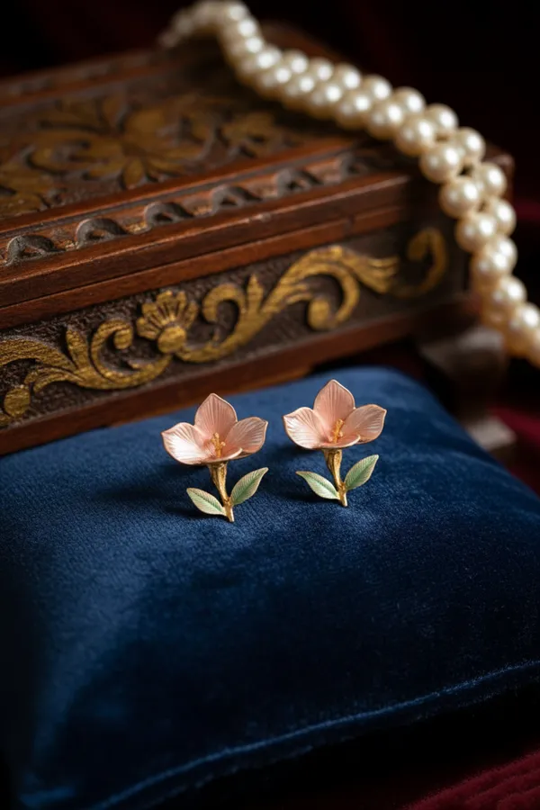 Pink_And_Green_Elegant_Floral_Stud_Earrings_With_Petals_Leaves_For_Women