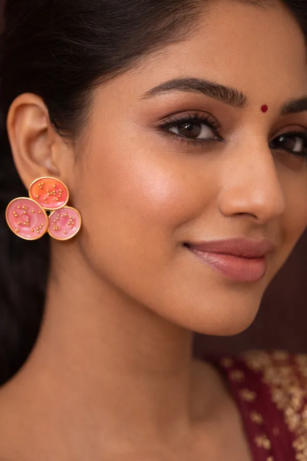 Pink_And_Orange_Enamel_Circle_Stud_Earrings_With_Gold_Dots_For_Women